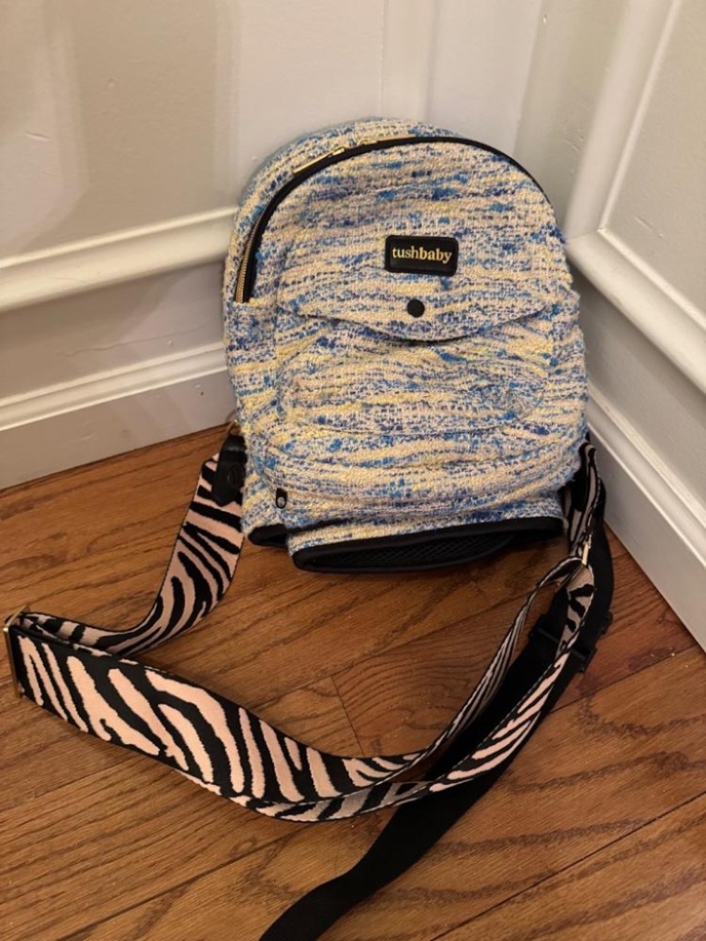 Tushbaby Blue Tweed Hip Seat Carrier & Pink Zebra Crossbody Strap BUNDLE